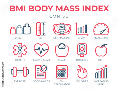 BMI Body Mass Index Outline Icon Set. Weight, Height, BMI Machine, Graph, Measuring, Health, Heart Disease, Scale, Diabetes, Diet, Exercise, Habits, BMI Calculator, Calories, Risk Icons.