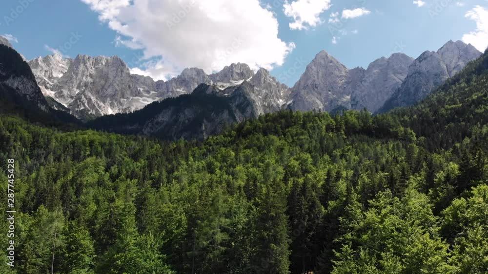 Triglav National Park, Slovenia. Flying over evergreen forest. Mount Triglav of Julian Alps in the background. Aerial, UHD Triglav National Park, Slovenia. Flying over evergreen forest. Mount Triglav of Julian Alps in the background. Aerial, UHD