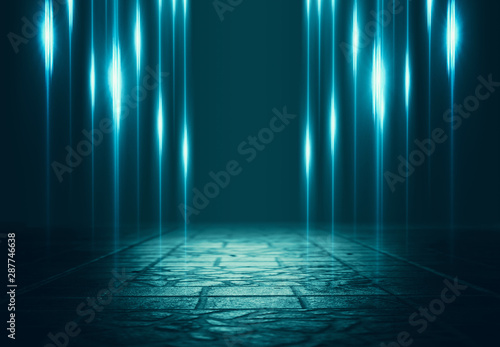 Empty background scene. Dark street reflection on wet asphalt. Rays of neon light in the dark  neon figures  smoke. Background of empty stage show. Abstract dark background.