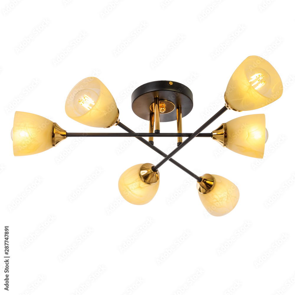 Six-lamp chandelier with six shades. Modern ceiling lamp isolated on white background