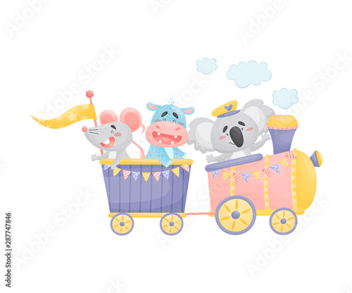 Koala, hippo and mouse ride in a train. Vector illustration on a white background.