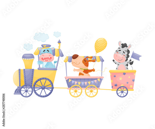 Hippopotamus, dog and zebra ride in a train and carriage. Vector illustration on a white background.