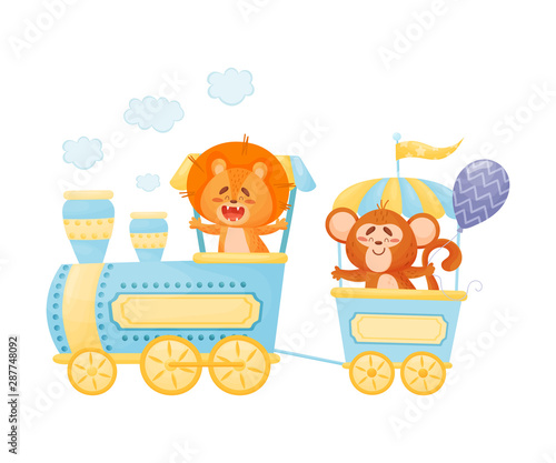 Lion and a monkey ride on a train. Vector illustration on a white background.
