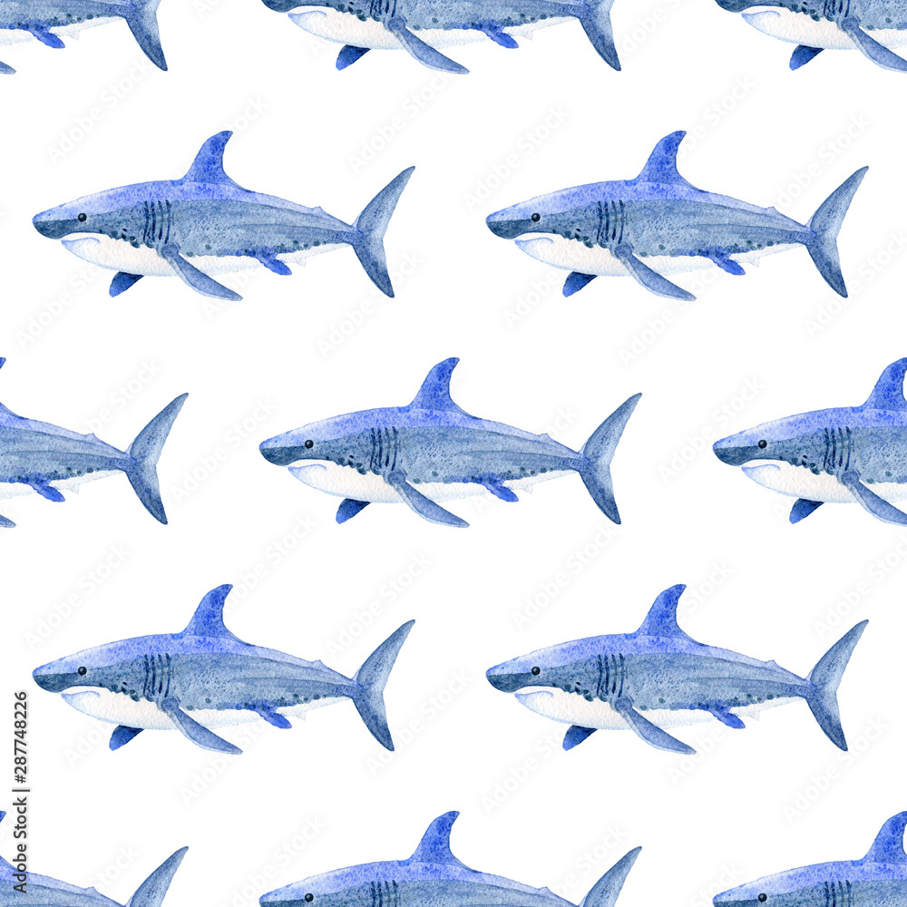 Obraz premium Shark watercolor hand painted seamless pattern. Sea background.