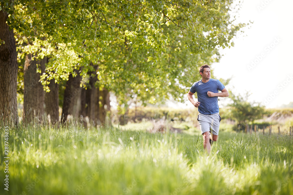 Man Exercising Running Through Countryside Field Man Exercising Running Through Countryside Field