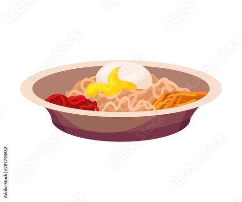 Noodles with poached egg. Vector illustration on a white background.