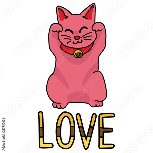 Cute love maneki neko vector. Hand drawn lucky cat clipart. 