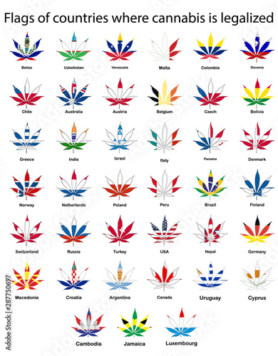 A set of flags of countries where marijuana is legalized, cannabis