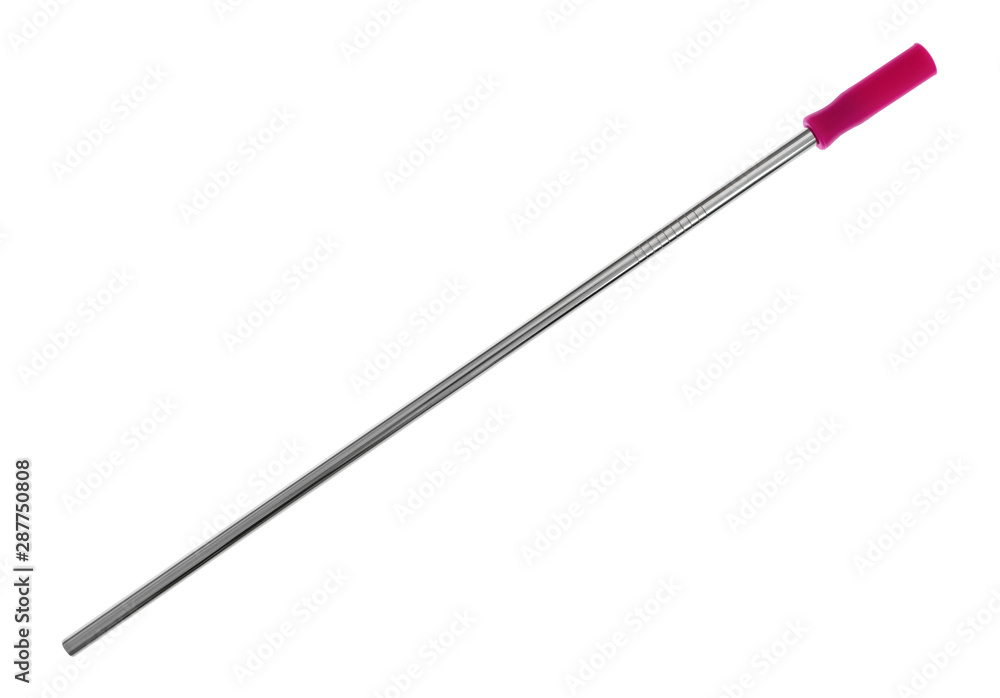 Obraz premium Straight stainless steel metal straw with a pink silicone straw tip on a white background