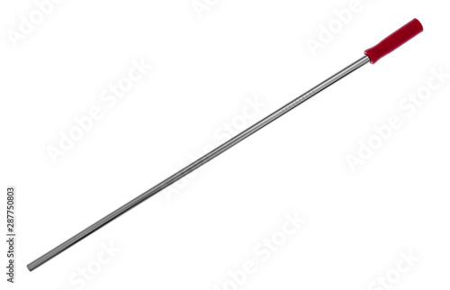 Straight stainless steel metal straw with a red silicone straw tip on a white background
