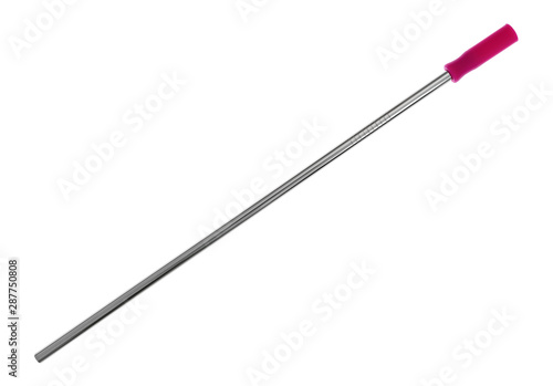Straight stainless steel metal straw with a pink silicone straw tip on a white background