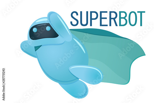 Cute blue super bot flying with cloak