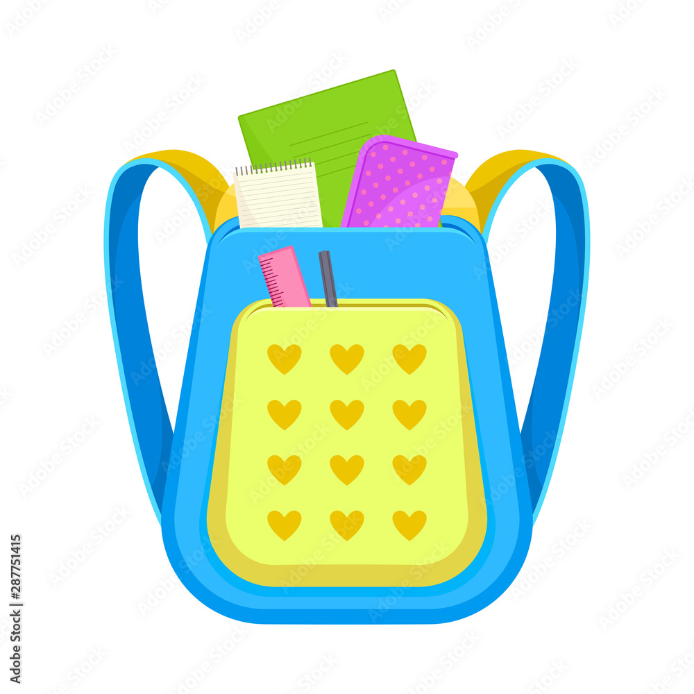 Obraz premium Blue school backpack with a large yellow pocket. Vector illustration on a white background.