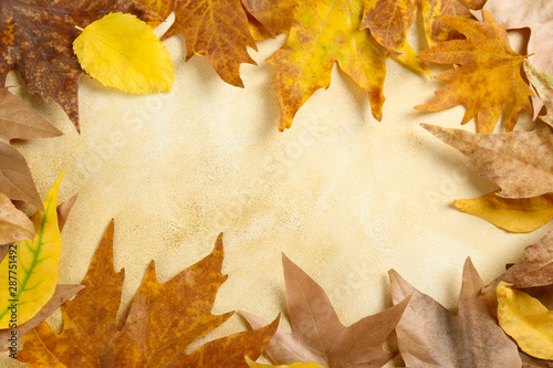 Autumnal composition with dry yellow and grey maple leafs on grunged concrete  stone textured table background. October mood concept. Top view  flat lay  copy space  close up.