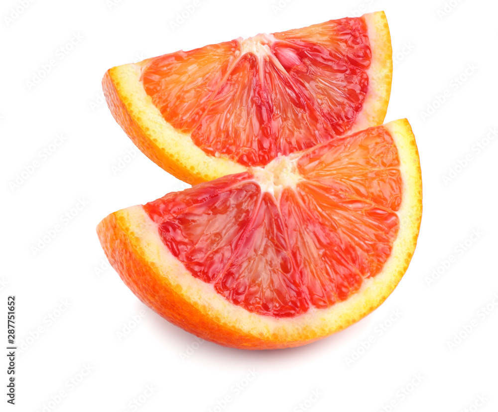 Red blood orange fruit with slices isolated on white background Red blood orange fruit with slices isolated on white background