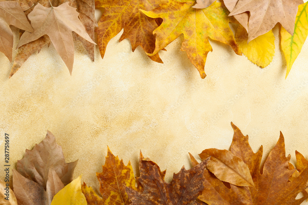 Autumnal composition with dry yellow and grey maple leafs on grunged concrete, stone textured table background. October mood concept. Top view, flat lay, copy space, close up. Autumnal composition with dry yellow and grey maple leafs on grunged concrete, stone textured table background. October mood concept. Top view, flat lay, copy space, close up.