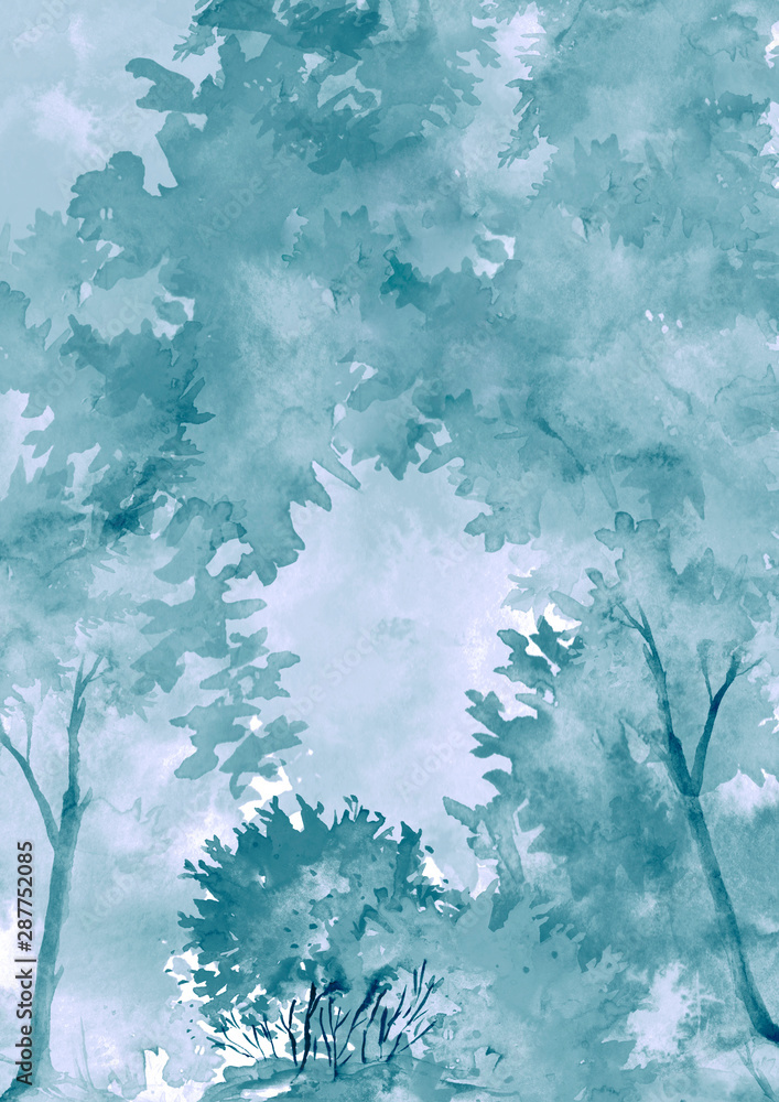 Fototapeta premium Watercolor winter blue wood. Blue, purple silhouette, landscape, trees and bushes. Snow, snowdrift, river. abstract splash of paint. Snow day