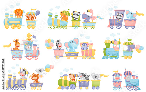 Set of trains with animals. Vector illustration on a white background.