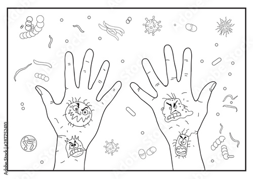 Viruses on hands. Prevention of coronavirus.  Coloring for adults. Outline drawing. Health care.Germs on the hands. Germs on a white background. Black and white vector image. Coloring.