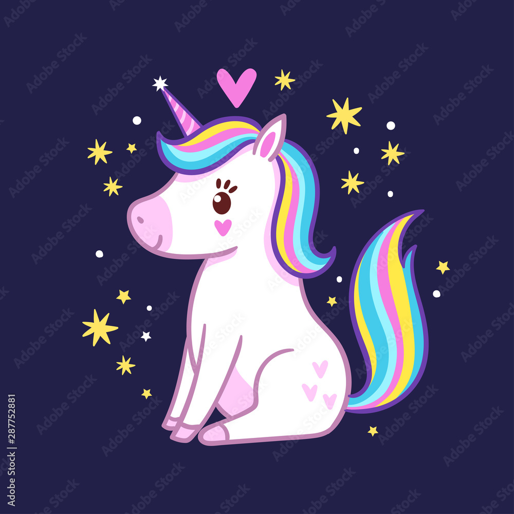 Little cute unicorn sitting among the stars on a blue background ...