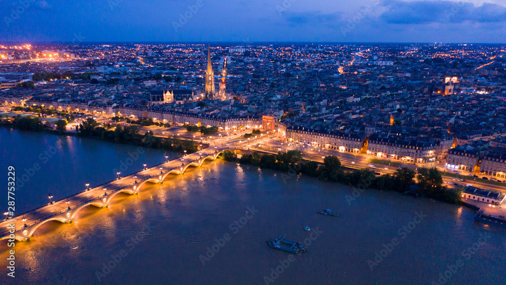 Night view from the drone on the Bordeaux. France