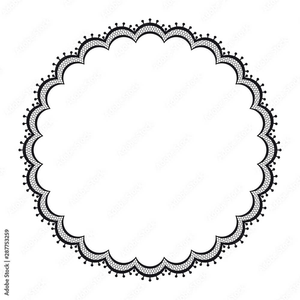 Vector black lacy circular frame. Isolated on white background.