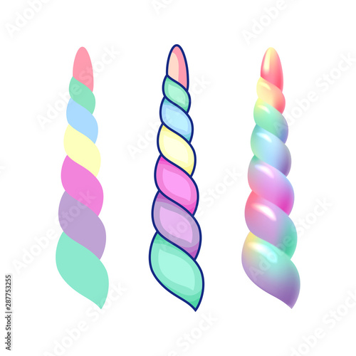 Set Unicorn Rainbow Horn, horn-shaped candle on a pink background, colored plastic toy. Fantasy concept.