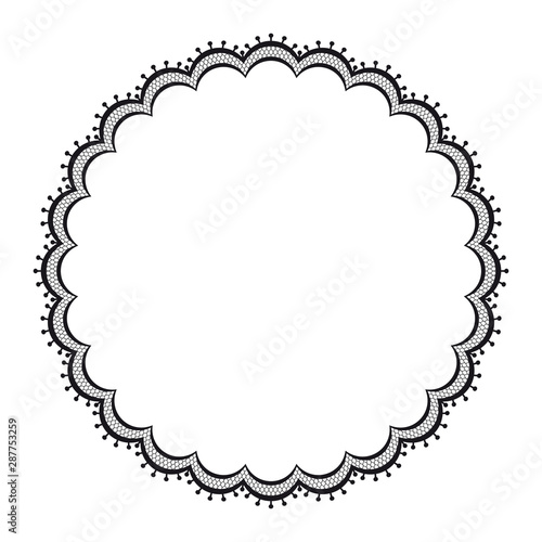 Vector black lacy circular frame. Isolated on white background.