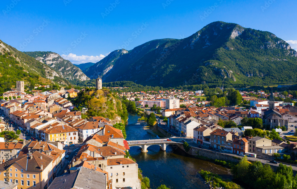 View of Tarascon-sur-Ariege surrounded by Pyrenees