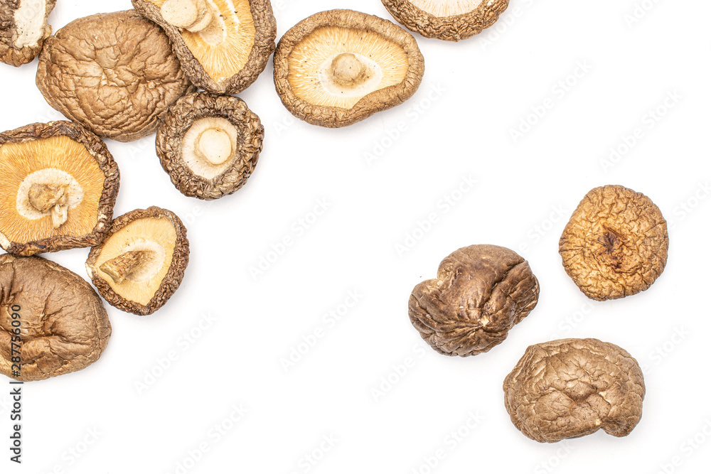 Lot of whole dry mushroom shiitake flatlay isolated on white background Lot of whole dry mushroom shiitake flatlay isolated on white background