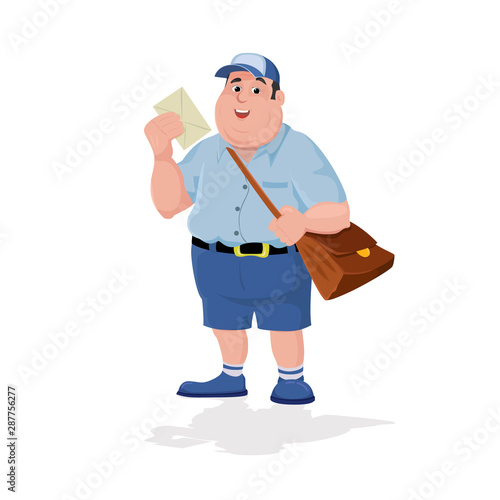 Cartoon postman holding mail and bag