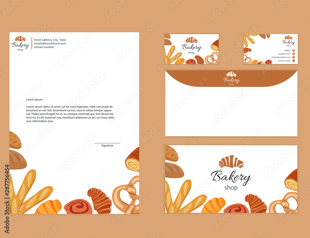 Corporate identity simple design layout for bakery shop, letterhead, business card, envelope design with pastry elements.
