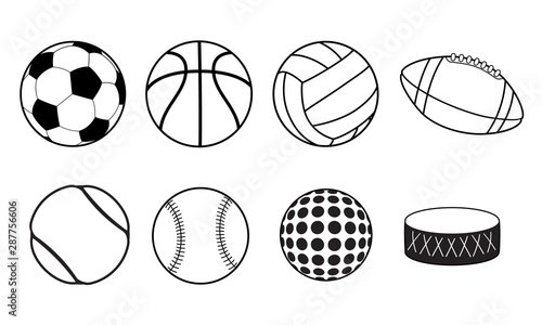 Set of outline sport balls. Soccer, basketball, volleyball, football, tennis, baseball, golf and hockey equipment