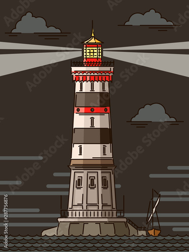 Simple cartoon illustrations of lighthouse at night.