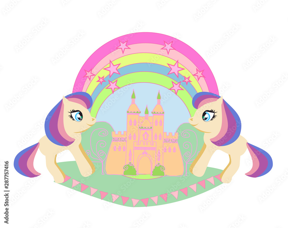 Obraz premium Beautiful unicorn and fairy-tale princess castle frame