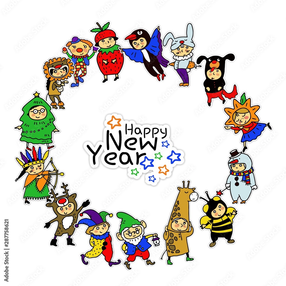 Children in Christmas costumes. Cheerful children celebrate Christmas and winter holidays. Cartoon christmas hand-drawn characters set isolated.