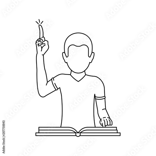 A man reads a book and makes a gesture with the index finger up outline icon, idea or answer is found vector illustration isolated on white,