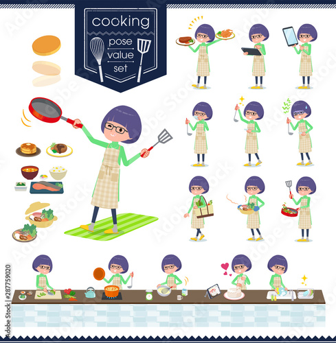 flat type Green clothes Glasses girl_cooking