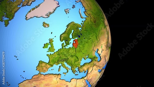 Closing in on Baltic States on political 3D globe with topography. 3D illustration.