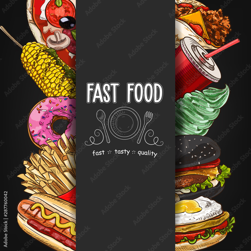Hand-drawn Fast food menu. Background with food for menu and advertising or  packaging. Sketch. Vector design Stock Illustration | Adobe Stock