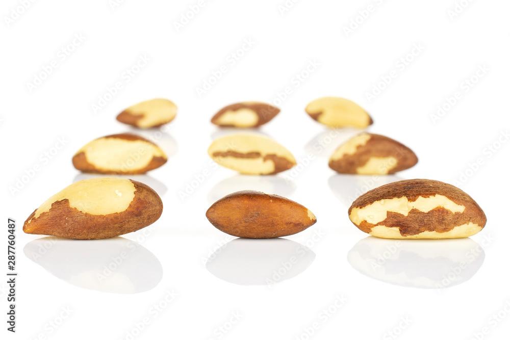 Group of nine whole raw brown brazil nut isolated on white background