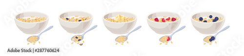 Vector illustration. Cereal bowl with milk, fruits isolated on white background. Concept of healthy and wholesome breakfast.