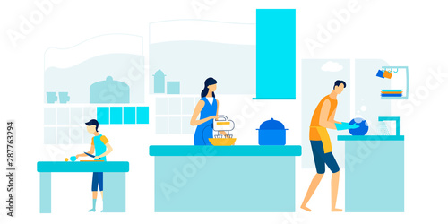 Happy Family Routine on Kitchen. Weekend Sparetime