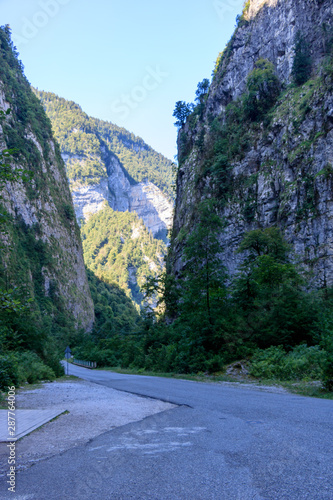 view of the gorge and the road between the high mountains, Abkhazia.
