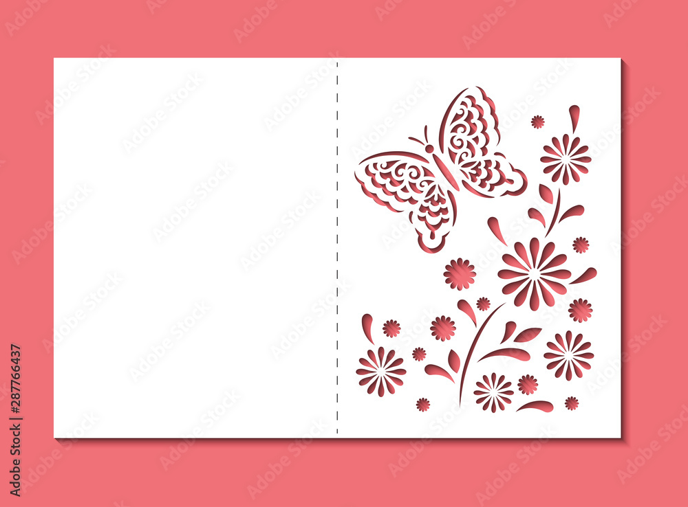 Laser cut template of wedding invitation with butterfly. Mockup of greeting card with floral ornament. Die cut stencil, lace decor for Valentine's day. Flower openwork vector silhouette for envelope. Laser cut template of wedding invitation with butterfly. Mockup of greeting card with floral ornament. Die cut stencil, lace decor for Valentine's day. Flower openwork vector silhouette for envelope.