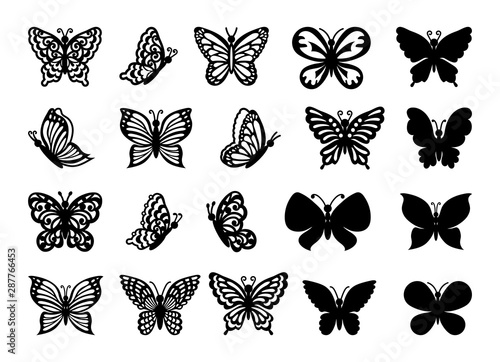 Laser cut template, vector set of butterflies isolated on coral background. Cutout openwork silhouettes full face and profile. Pattern on the ornate lace flying insects for icons for wedding card.