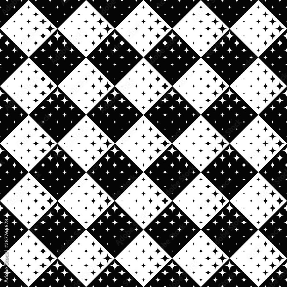 Geometrical seamless black and white curved star pattern background design - abstract vector illustration from stars