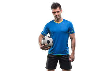Professional football soccer player in action isolated white background