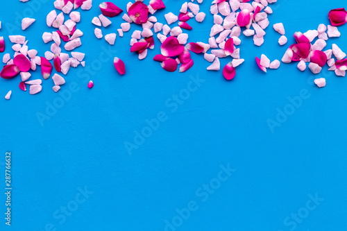 decorative pebble and roses frame for design on blue background top view mock-up