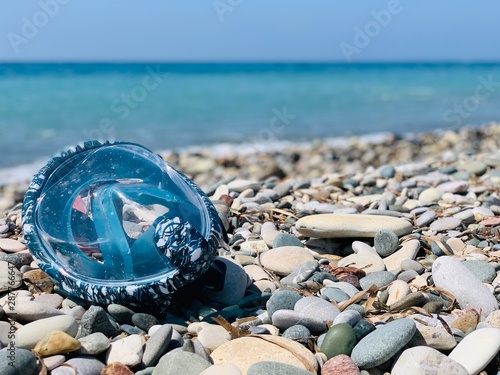swimming mask on the beach. copy space
